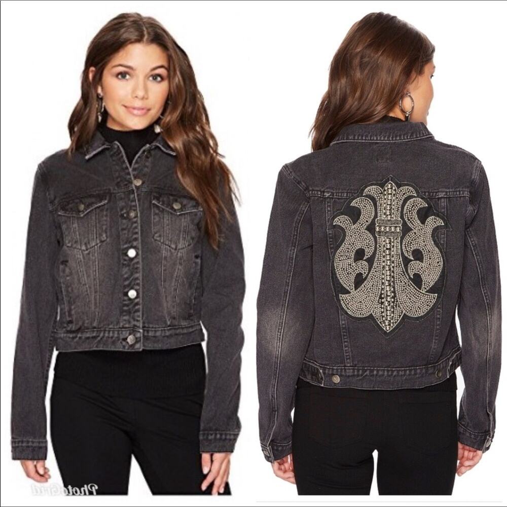 MinkPink NWT Demin Jacket Cotton Embellished Silver Beaded Fleur de Lis